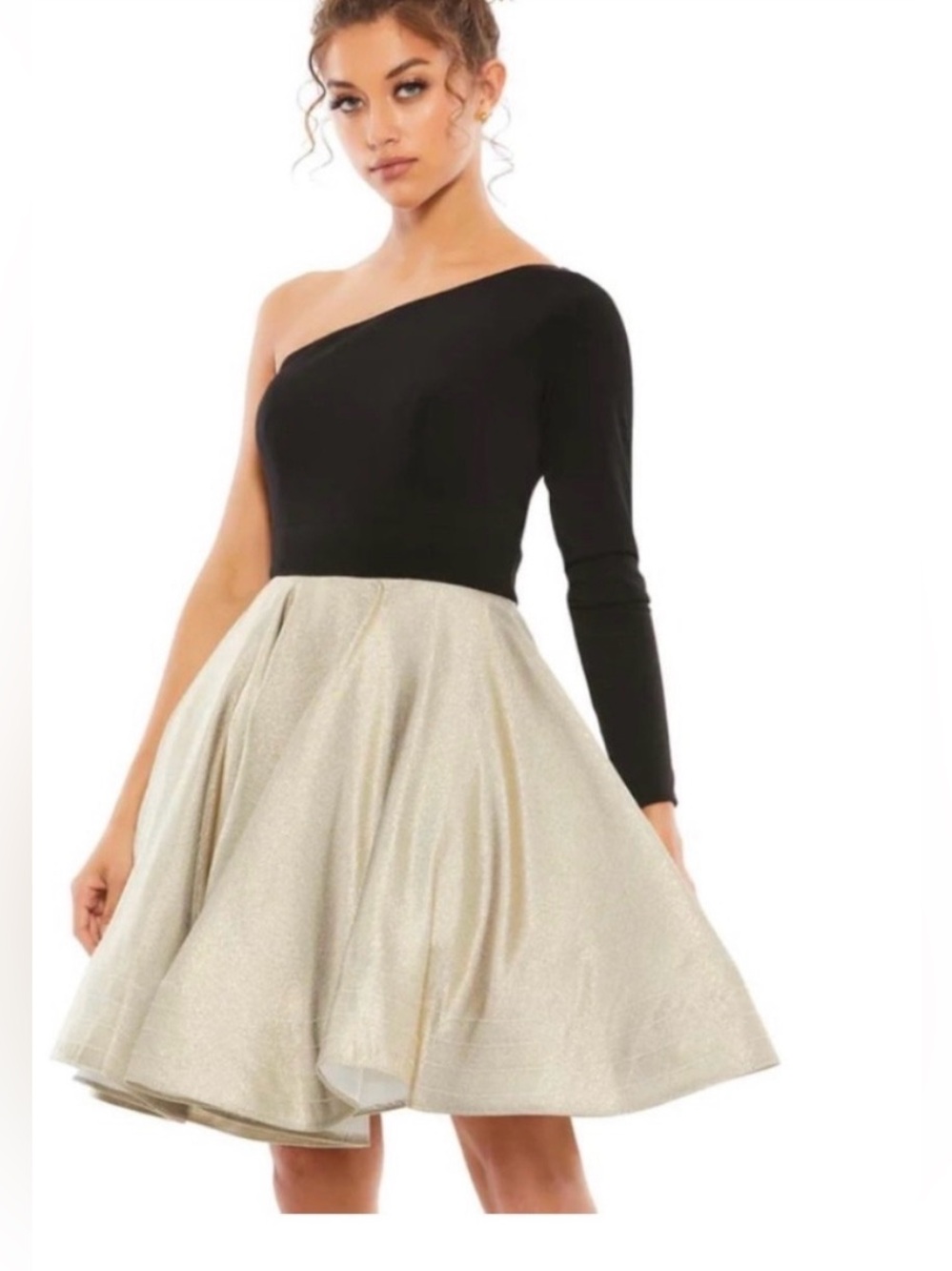 One-Shoulder Black and Gold Fit & Flare Mini Dress